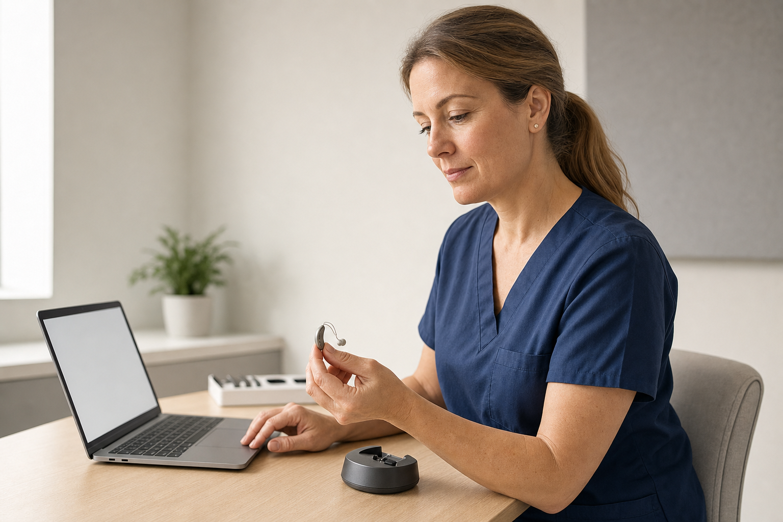 Woman in blue scrubs examining a hearing aid at a desk with a laptop.