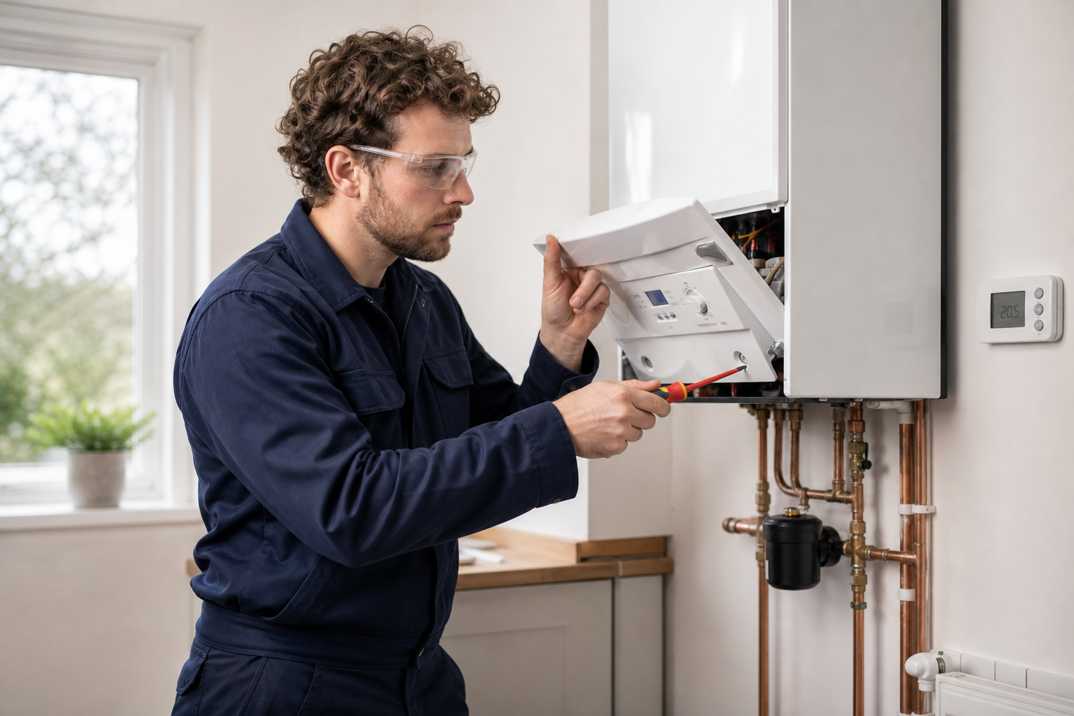 Technician wearing protective glasses works on a wall-mounted boiler with a screwdriver.