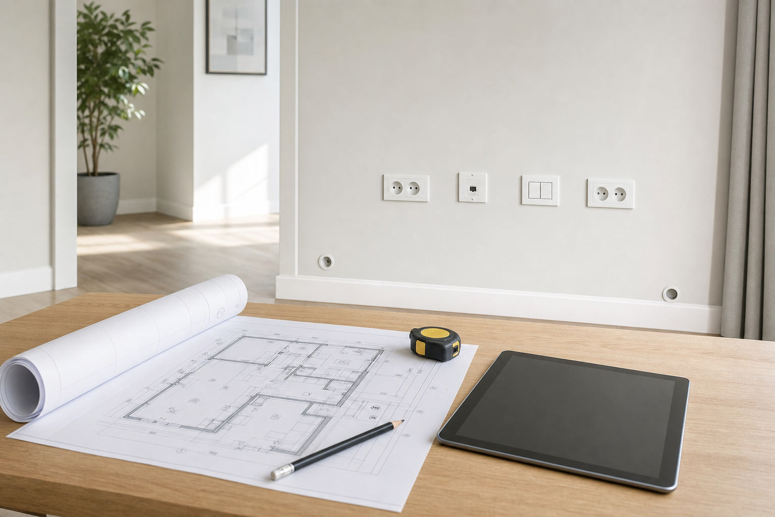 Architectural blueprint on a table with a tablet, pencil, and tape measure in a modern room.