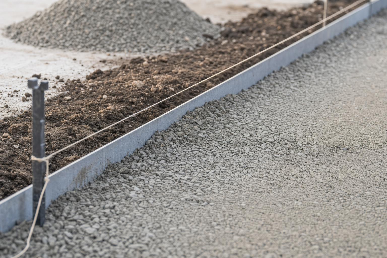 Construction site with gravel and soil divided by a metal edge and a string guide line.