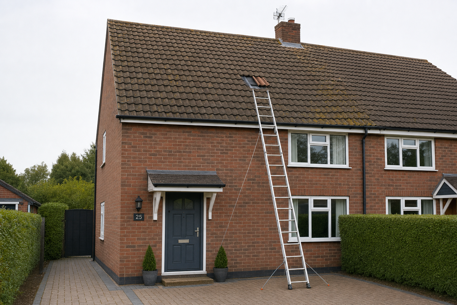A ladder leans against the roof of a red brick semi-detached house with a neat garden.