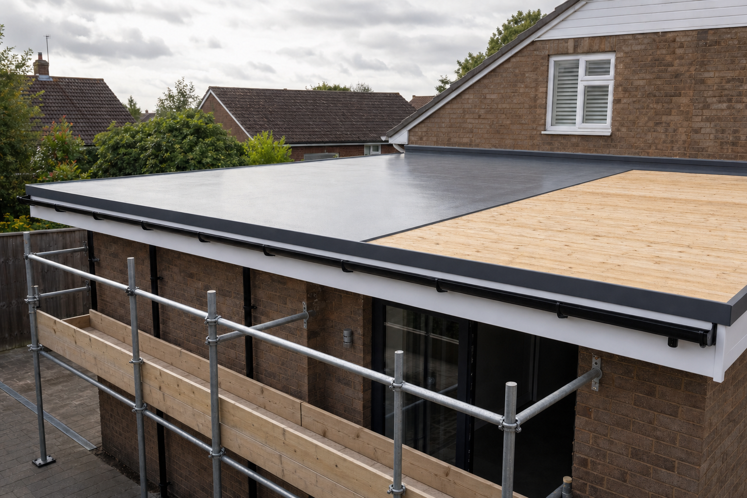 Scaffolding surrounds a brick house with a flat roof being renovated in a suburban area.