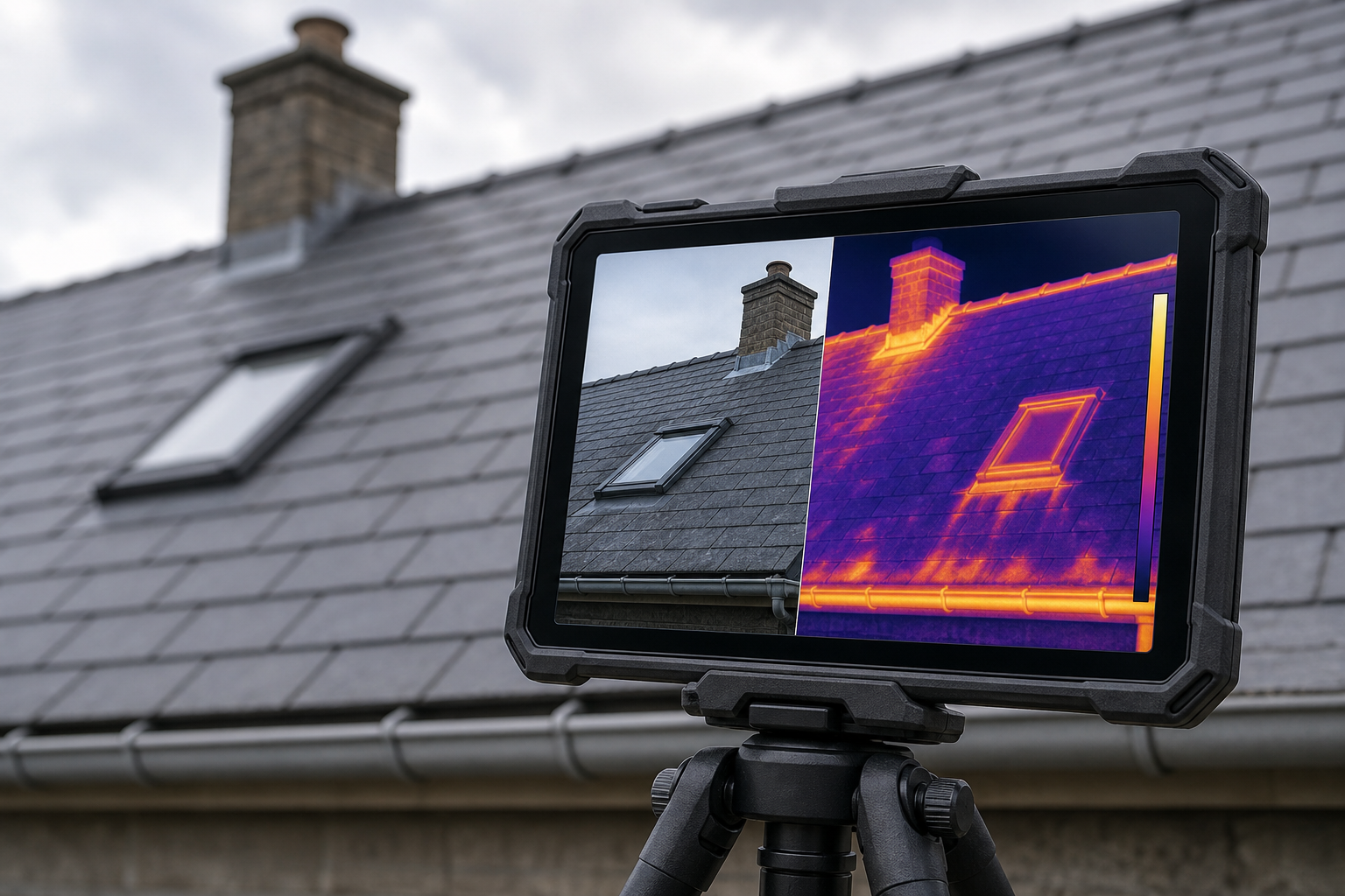 A tablet on a tripod displays a thermal image of a house roof, highlighting heat loss around a skylight and chimney.