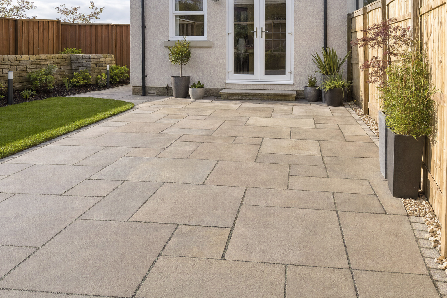 A modern backyard patio with large stone slabs, potted plants, and a wooden fence.