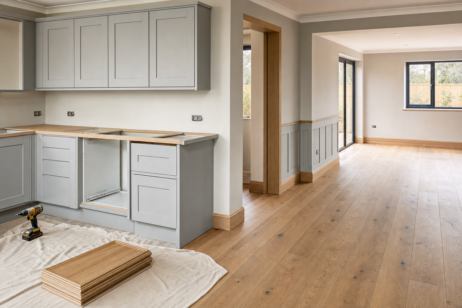 Unfinished kitchen installation with grey cabinets, wooden worktops, and flooring, with a drill and cabinet doors on a sheet.
