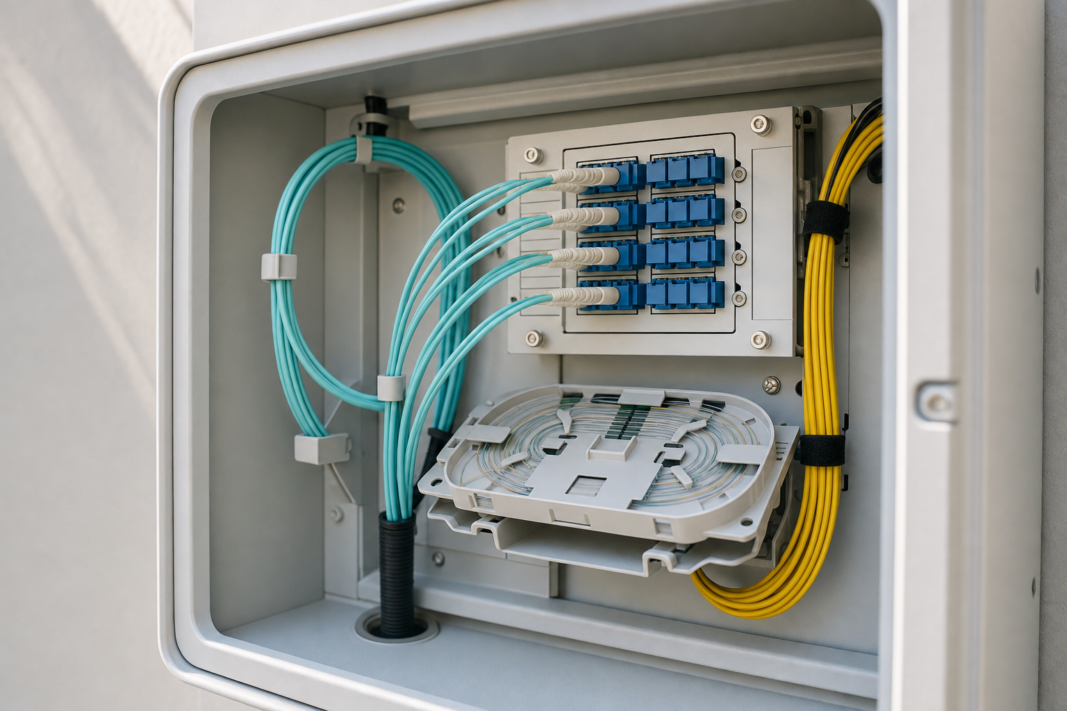 Fibre optic cables organised in a wall-mounted distribution box.