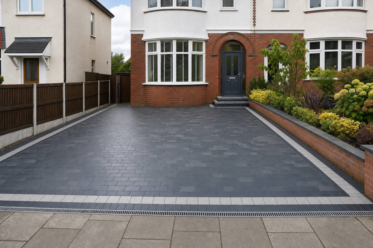 A newly paved driveway leads to a brick house with a grey door and a landscaped garden.