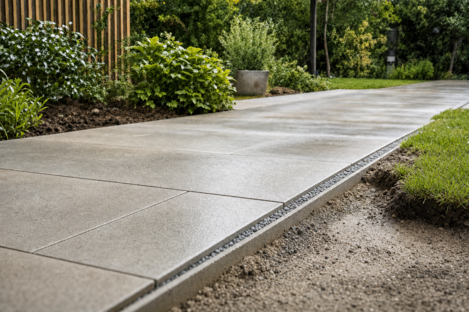 Smooth concrete path bordered by greenery and a wooden fence in a garden setting.