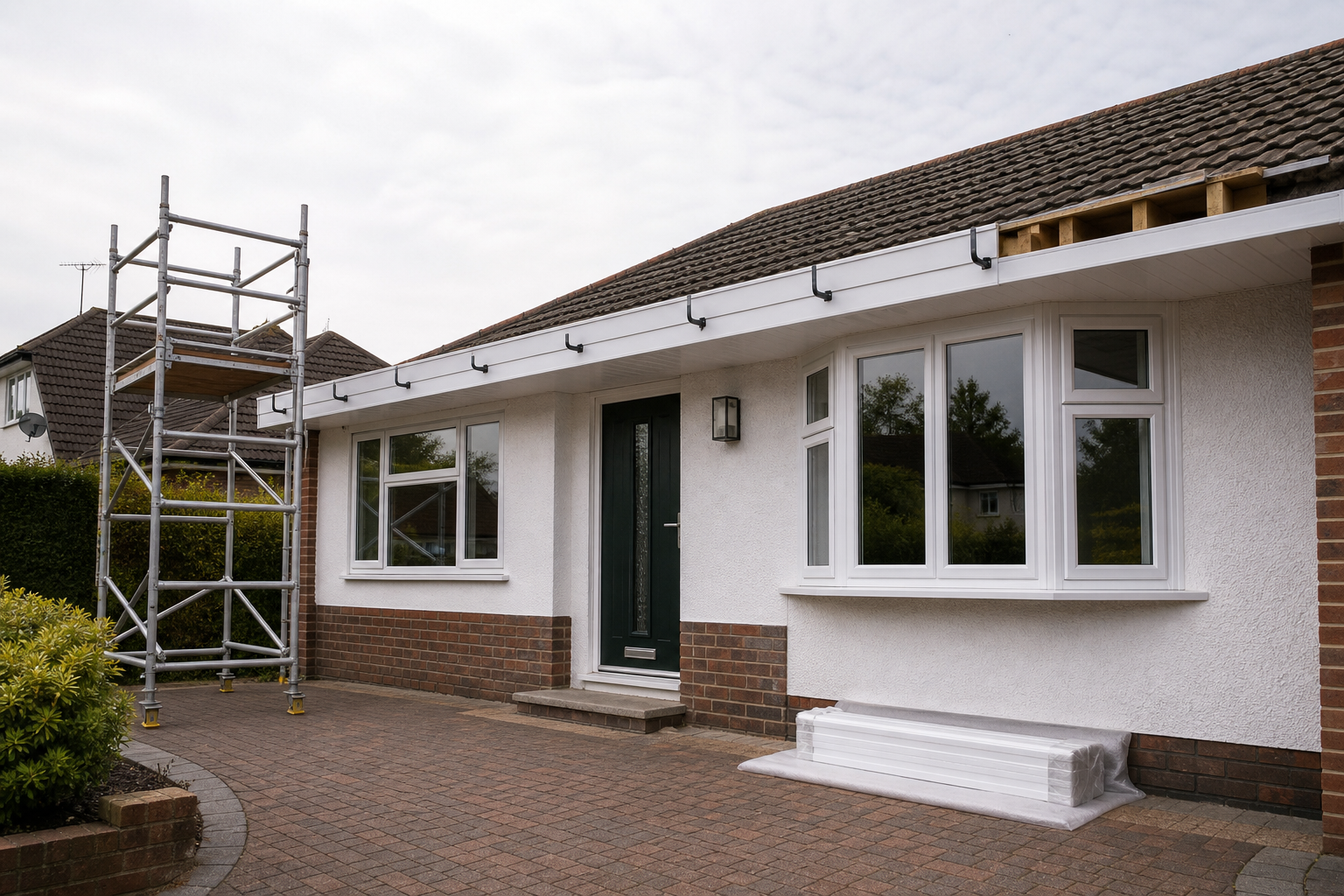 A single-storey house with scaffolding on the left side, suggesting ongoing construction or maintenance work.