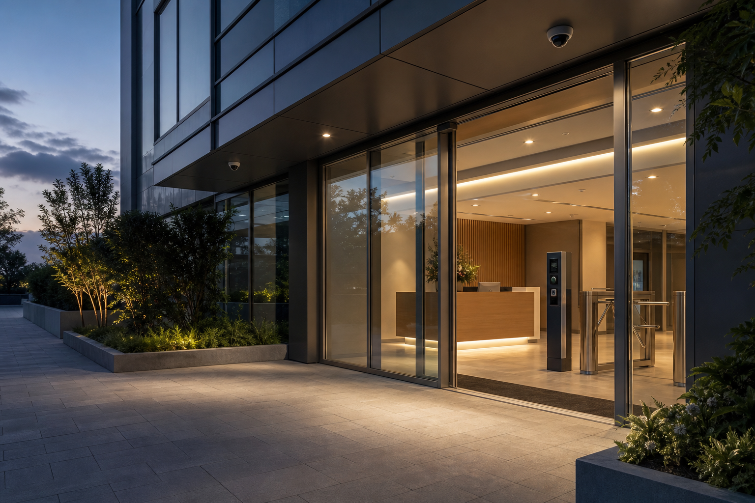 Modern building entrance at dusk with glass doors, a wooden reception desk, and illuminated pathway surrounded by greenery.