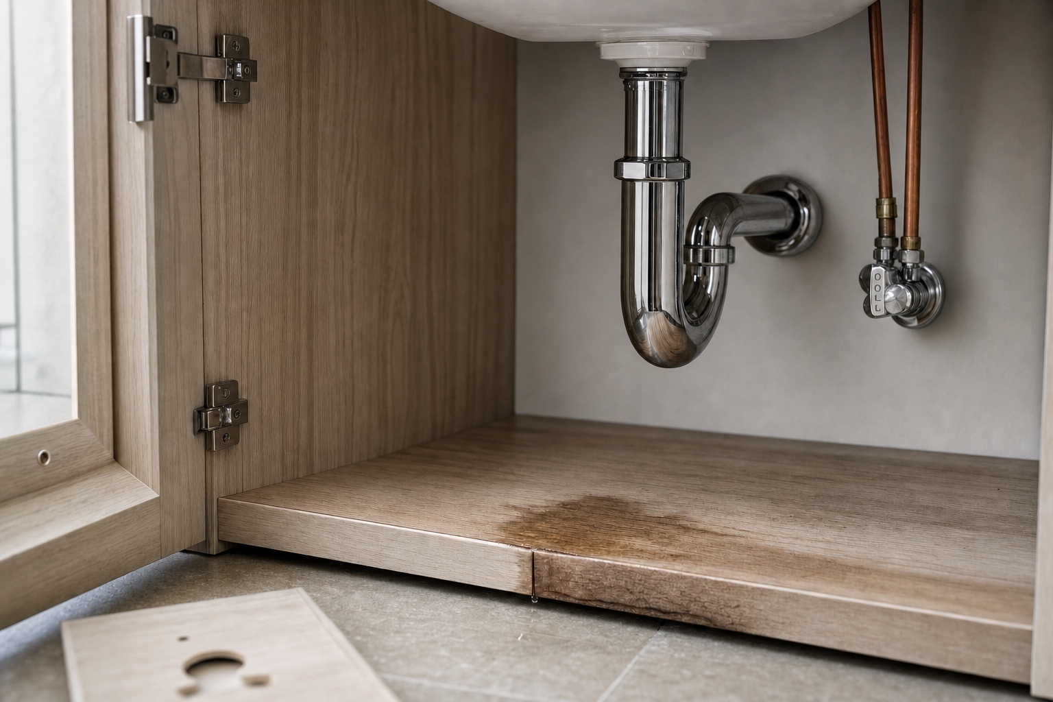 A leaking pipe under a sink causing a water stain inside a wooden cabinet.
