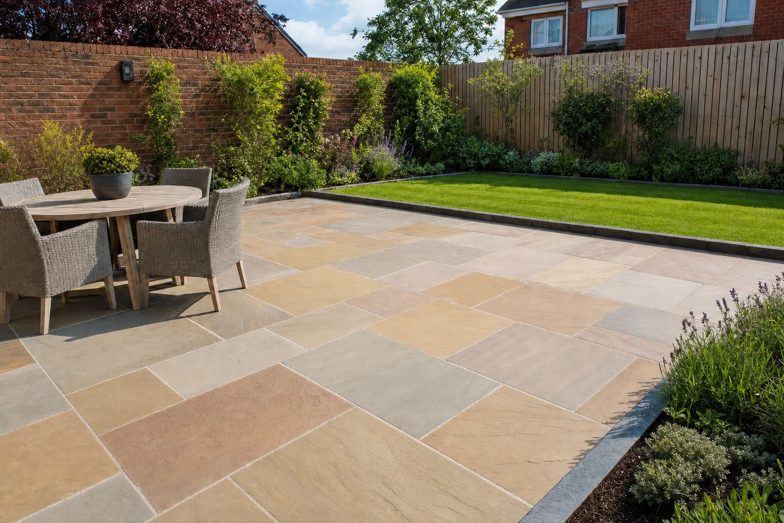 A tidy patio with a round table set, surrounded by a brick wall and well-maintained garden.