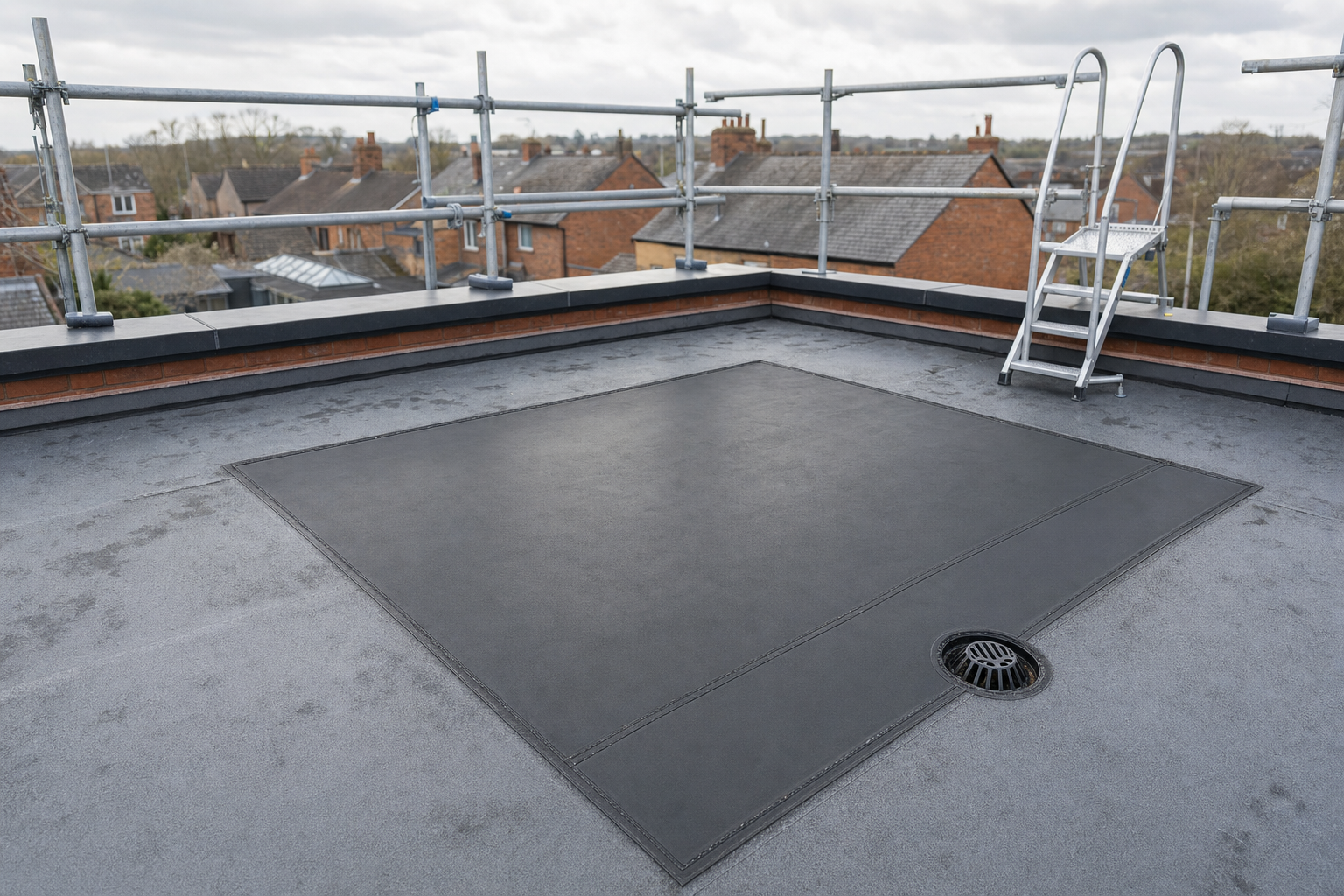 A flat rooftop with safety railings and a metal ladder overlooking a residential area.