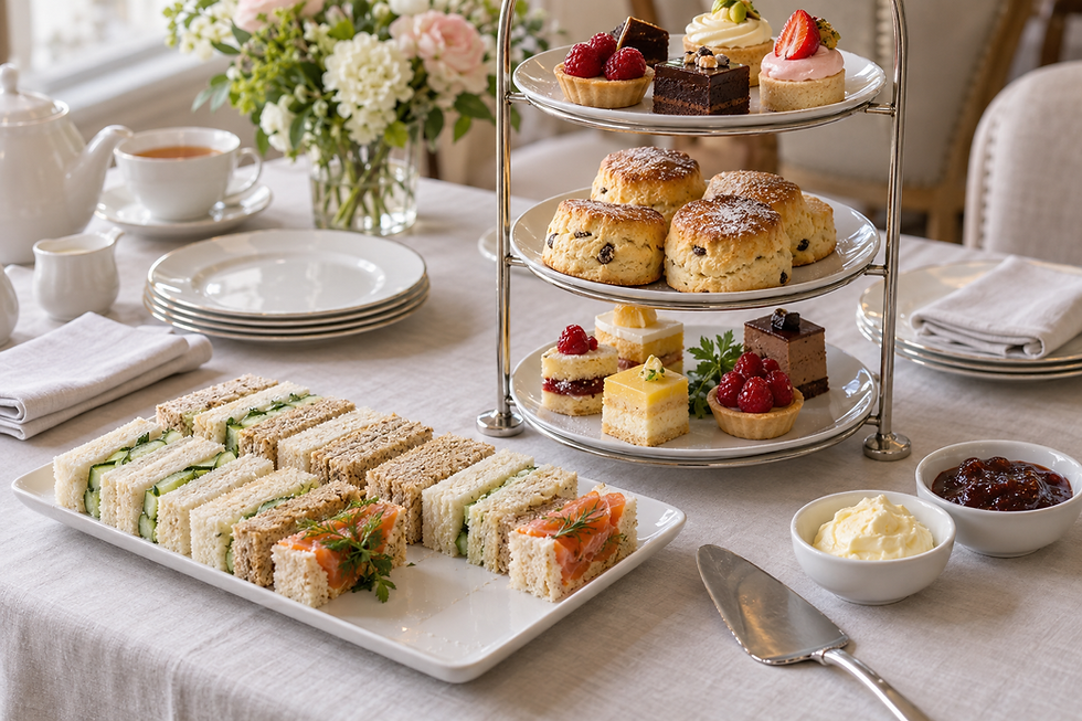 Afternoon tea setup with tiered stand of scones and cakes, a plate of sandwiches, and cream and jam on a table.