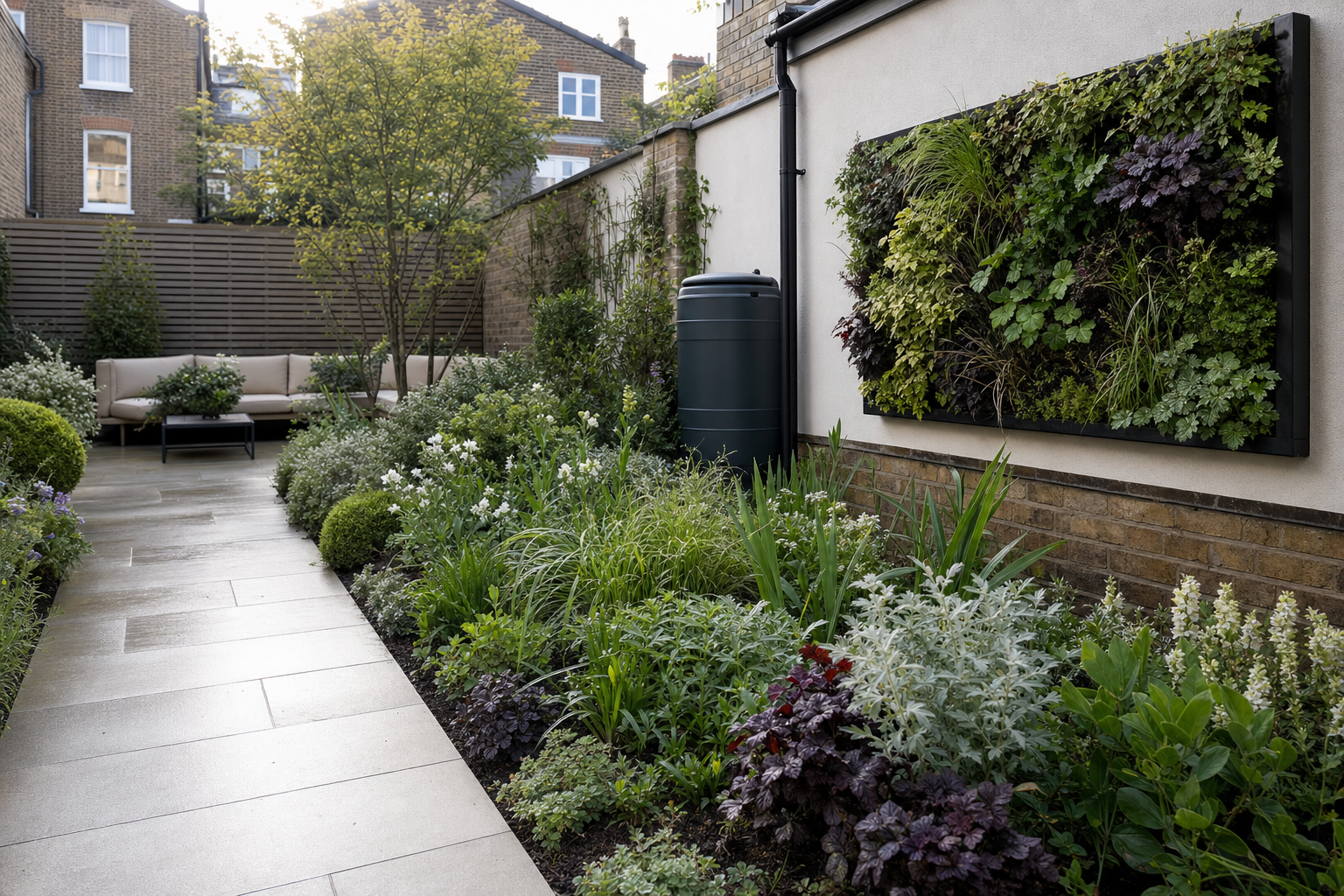 Modern garden with lush plants, vertical greenery, and seating area against a backdrop of brick walls and urban housing.