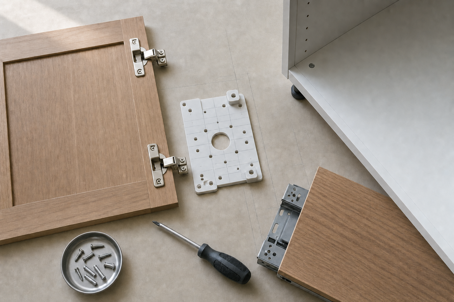 Flat-pack cabinet assembly with screwdriver, hinges, screws, and a wooden cabinet door panel on a beige surface.