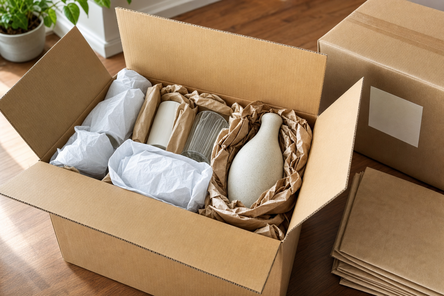 Open cardboard box with carefully packed ceramic vase and glass items on a wooden floor.