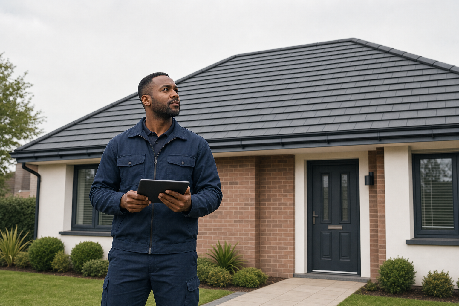 Man in a dark blue uniform holding a tablet stands in front of a modern brick house with a grey roof.