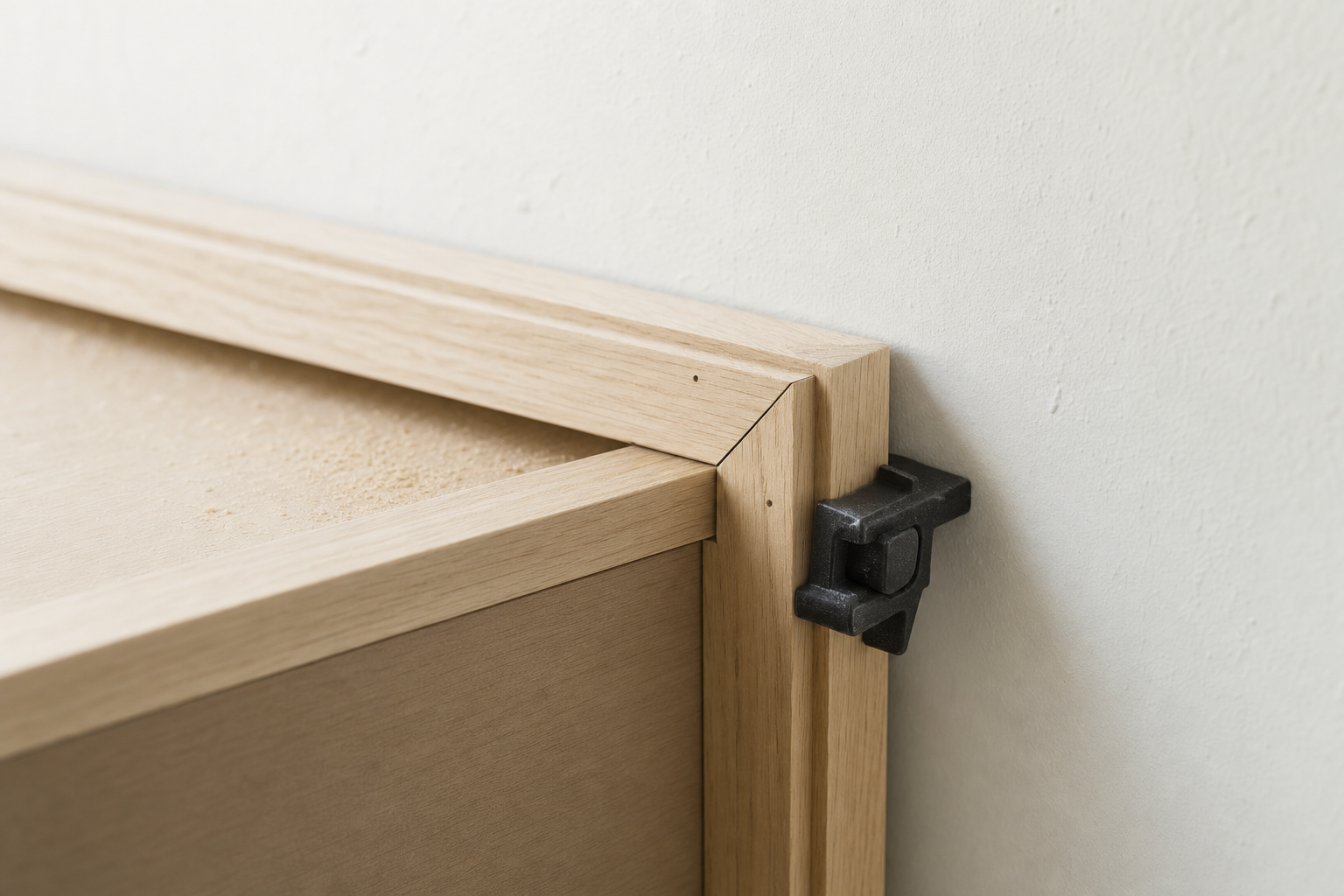 A close-up of a wooden cabinet door corner with a black plastic hinge bracket attached to a wall.