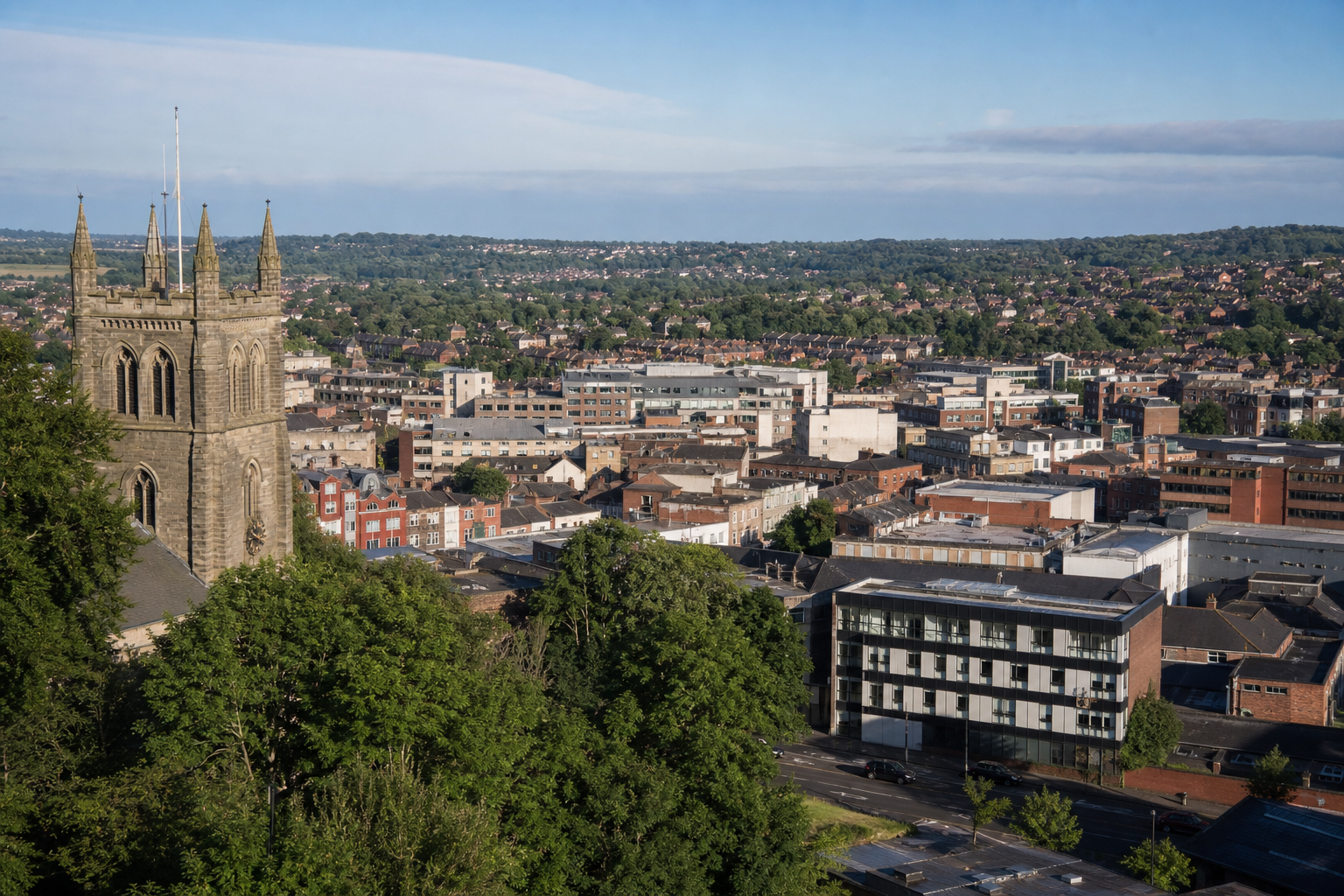 Cityscape view with a church tower, surrounding buildings, and green hills in the background.