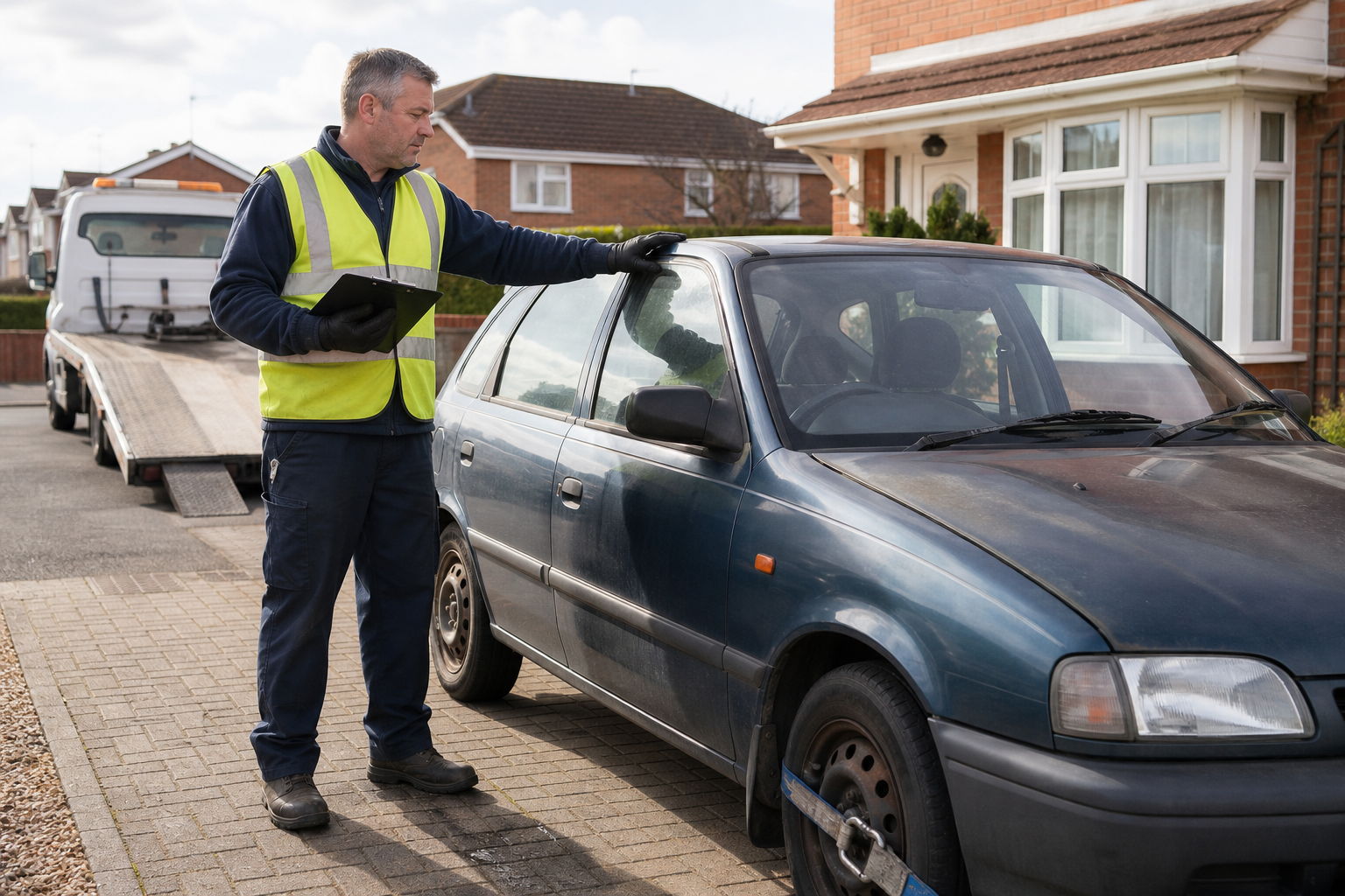 A man in a high-visibility vest inspects a car ready to be towed on a residential street.