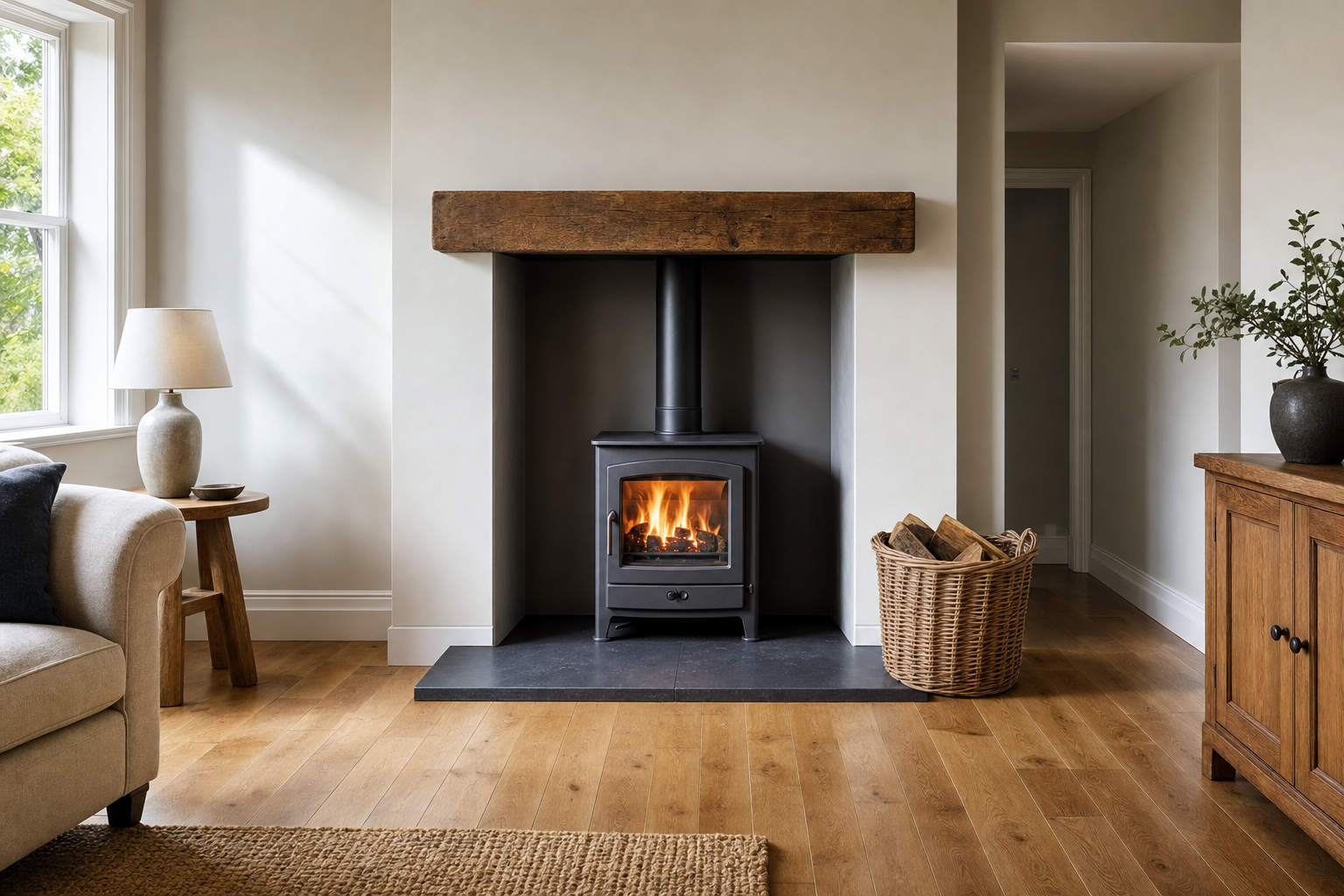 Cosy living room featuring a wood-burning stove with a basket of logs, wooden floor, and a sofa beside a window.