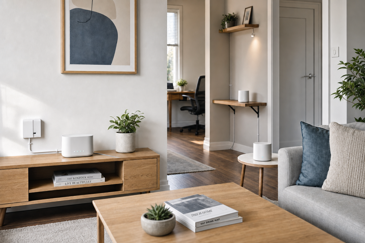 Modern living room with wooden furniture, abstract artwork, and decorative plants, leading to a home office.