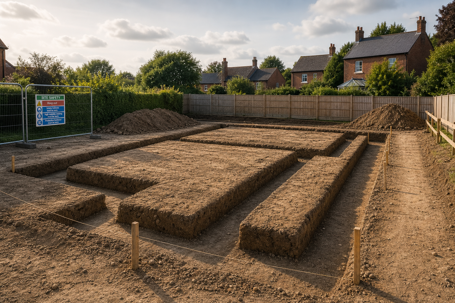 Trenches prepared for house foundations on a construction site with safety signs and nearby houses visible.