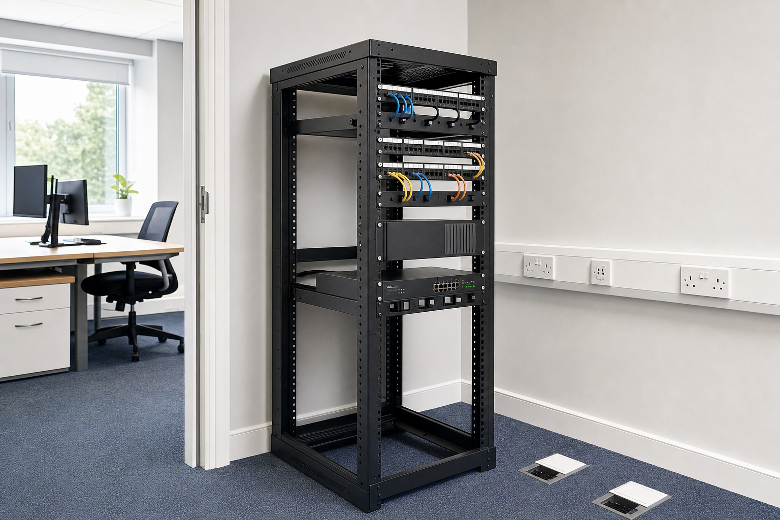 A server rack with network cables stands in a modern office corner near a desk and chair.