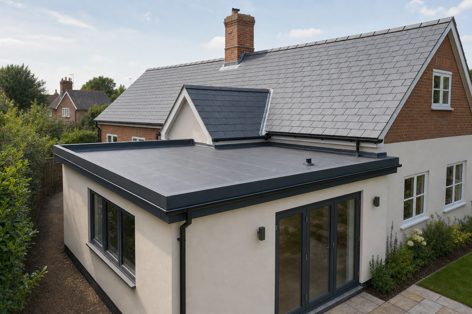 A modern house extension with a flat roof and large patio doors, surrounded by a garden.