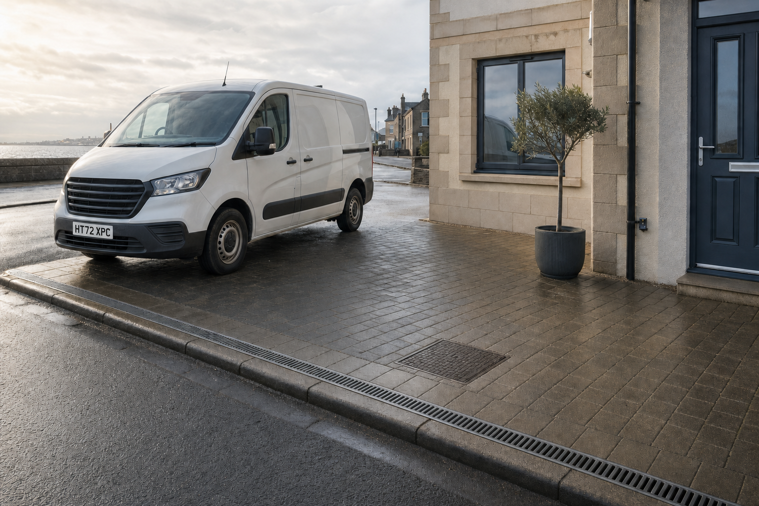 White van parked by a seaside building with a potted tree on a wet pavement.