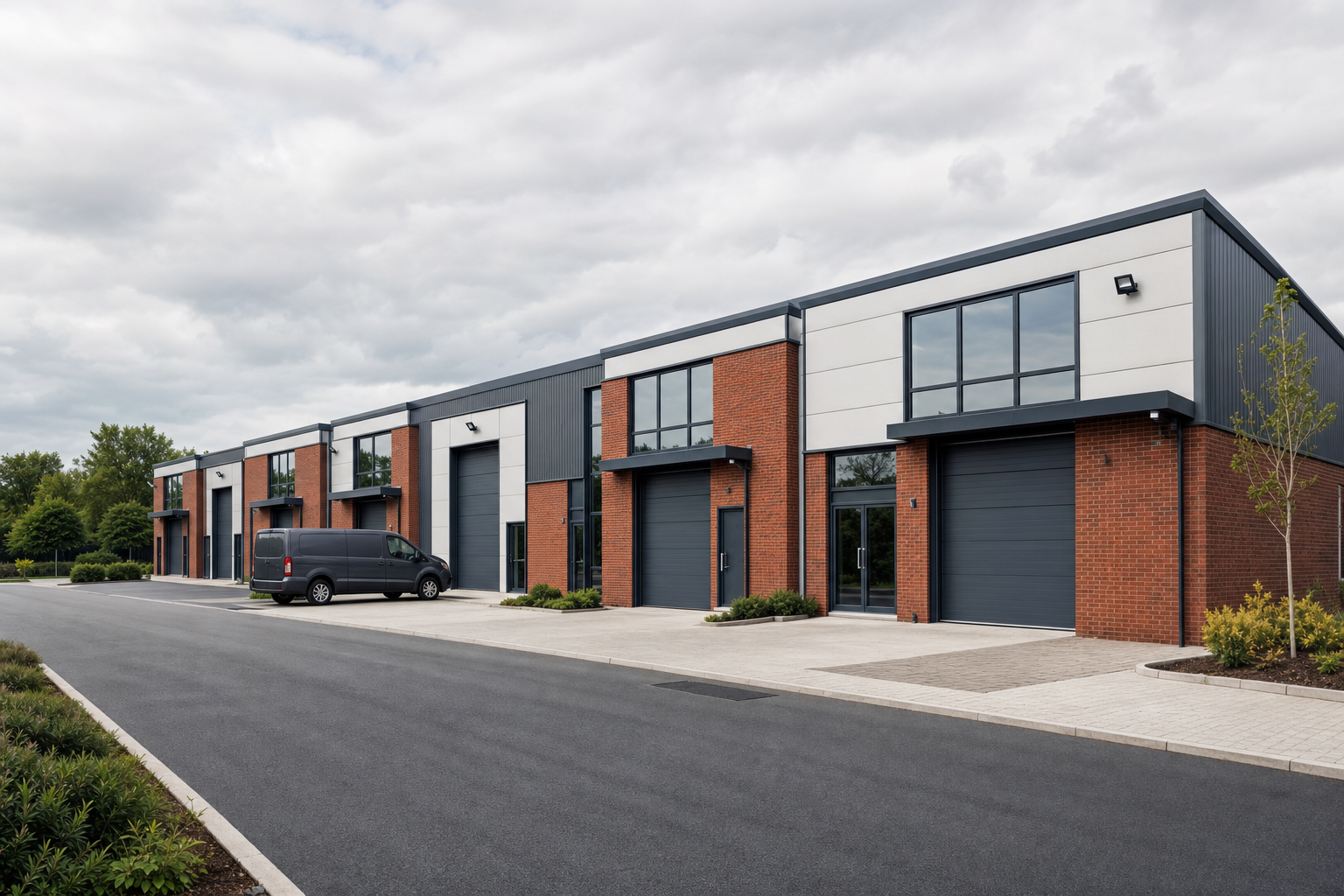 A row of modern industrial units with brick and metal cladding, featuring a black van parked outside.