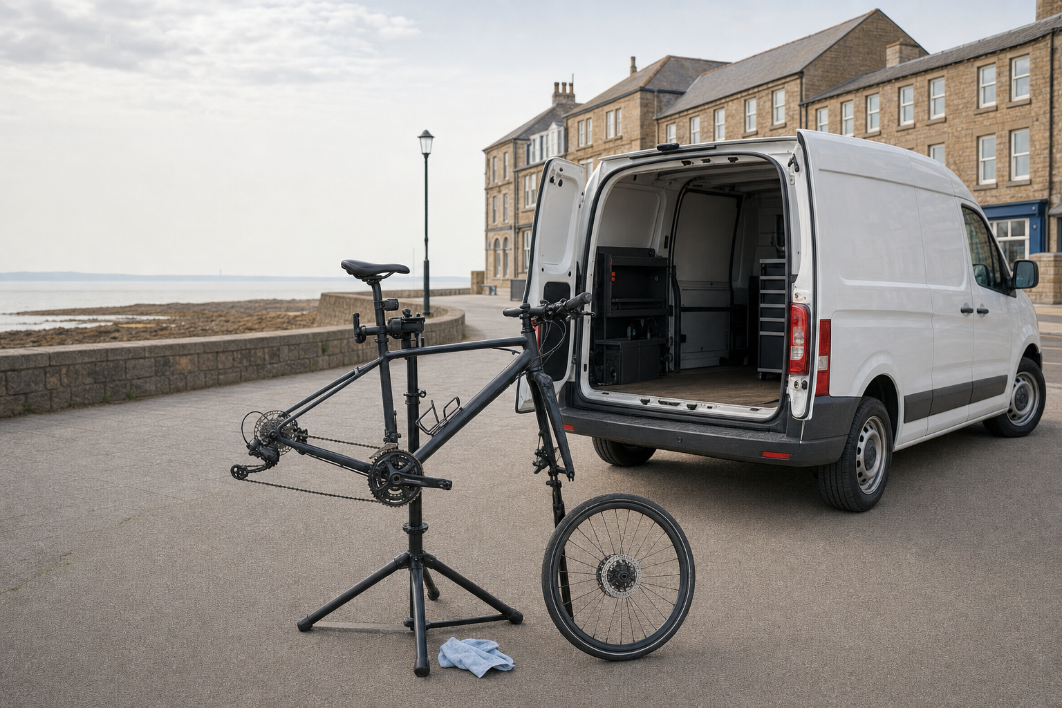 A partially assembled bicycle on a stand beside an open white van parked near the seaside promenade.
