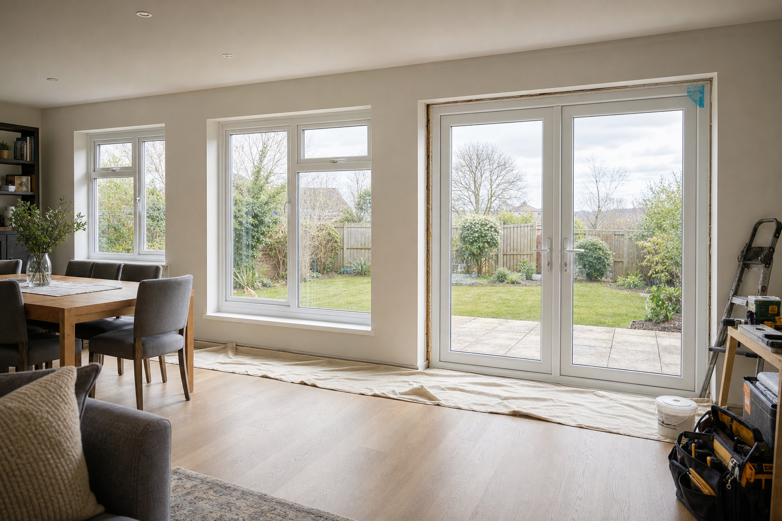 A bright dining room with a wooden table, large windows, and glass doors opening to a garden.