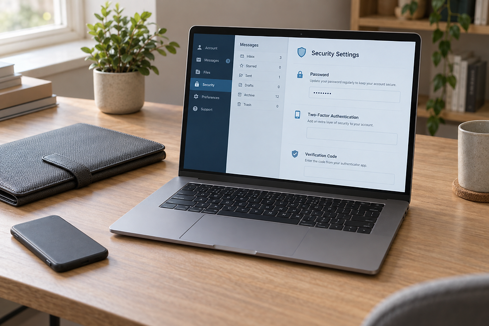 A laptop displaying security settings on a wooden desk with a phone, notepad, and plant nearby.