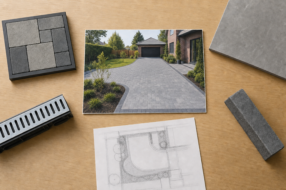 Driveway design layout with paving materials, a driveway photo, and architectural sketch on a wooden surface.