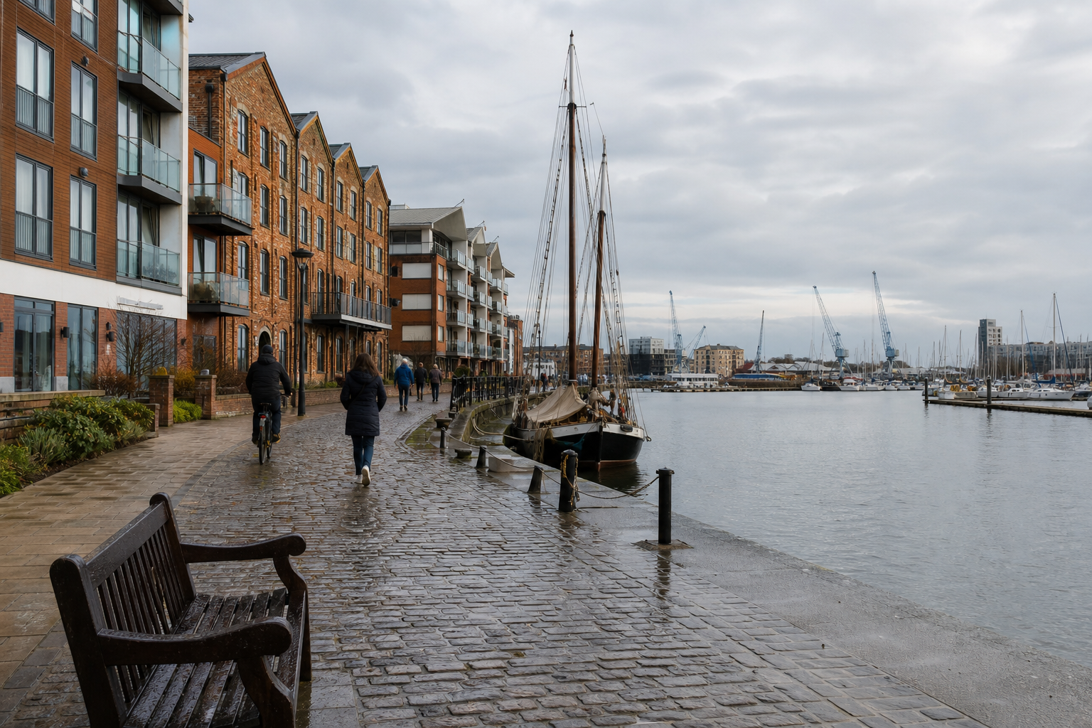Waterfront promenade with moored boats, brick buildings, and people walking under cloudy skies.