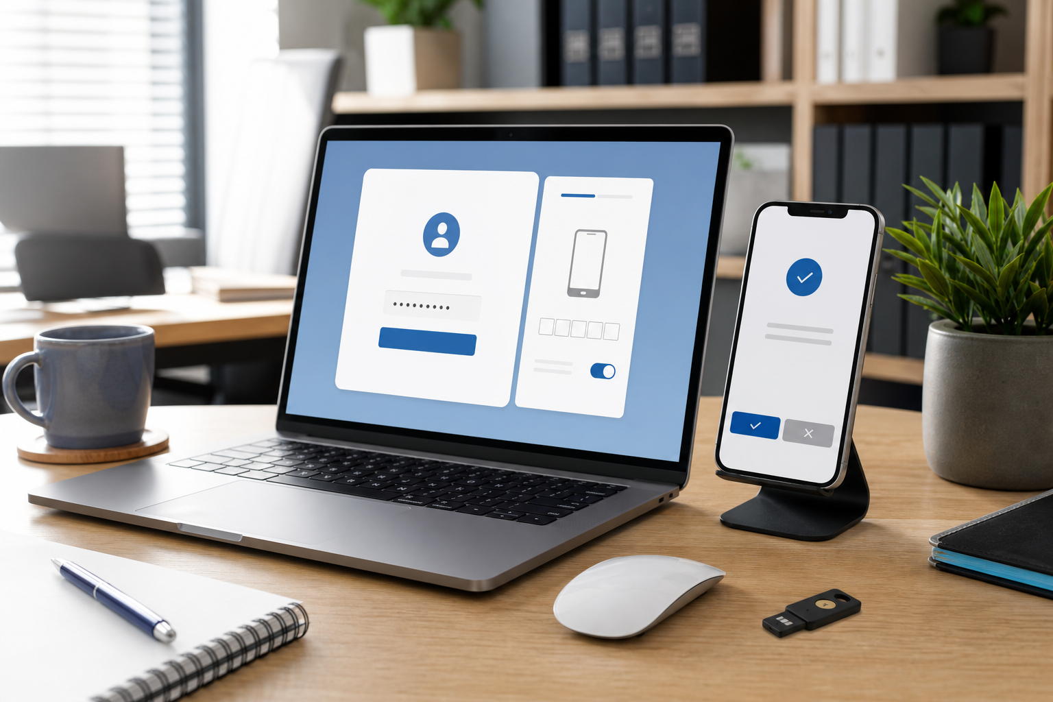 Laptop and phone displaying login screens on a desk with a mouse, notebook, and plant.