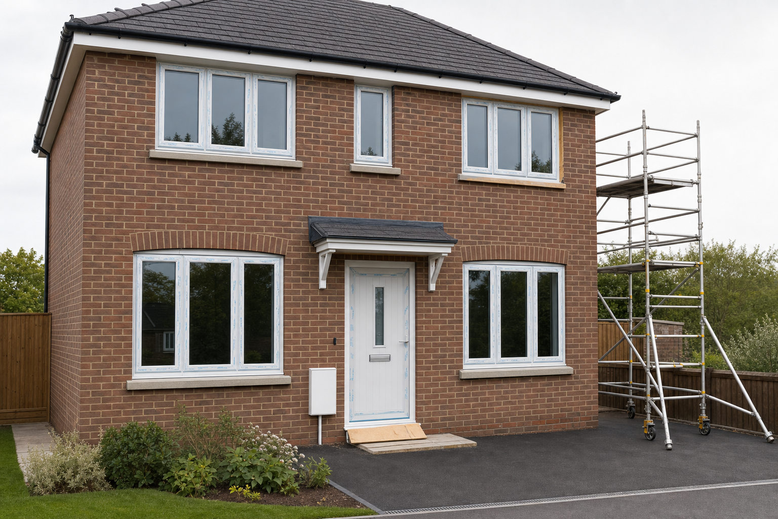 A newly built red-brick house with white-framed windows and scaffolding on the right side.