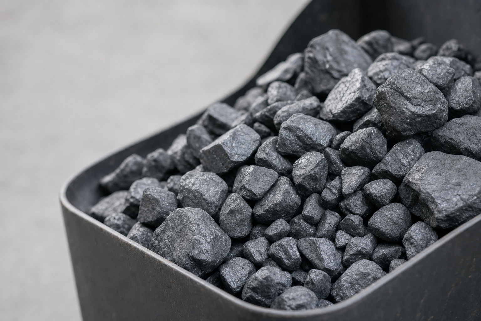 A close-up of a pile of coal pieces in a metallic container.