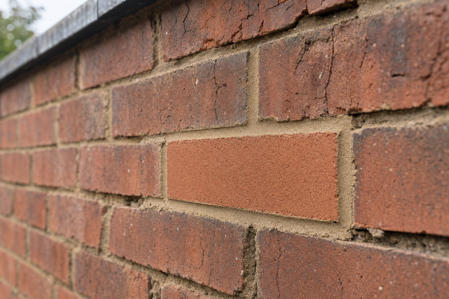 Close-up of a red brick wall with visible cracks and weathered mortar.