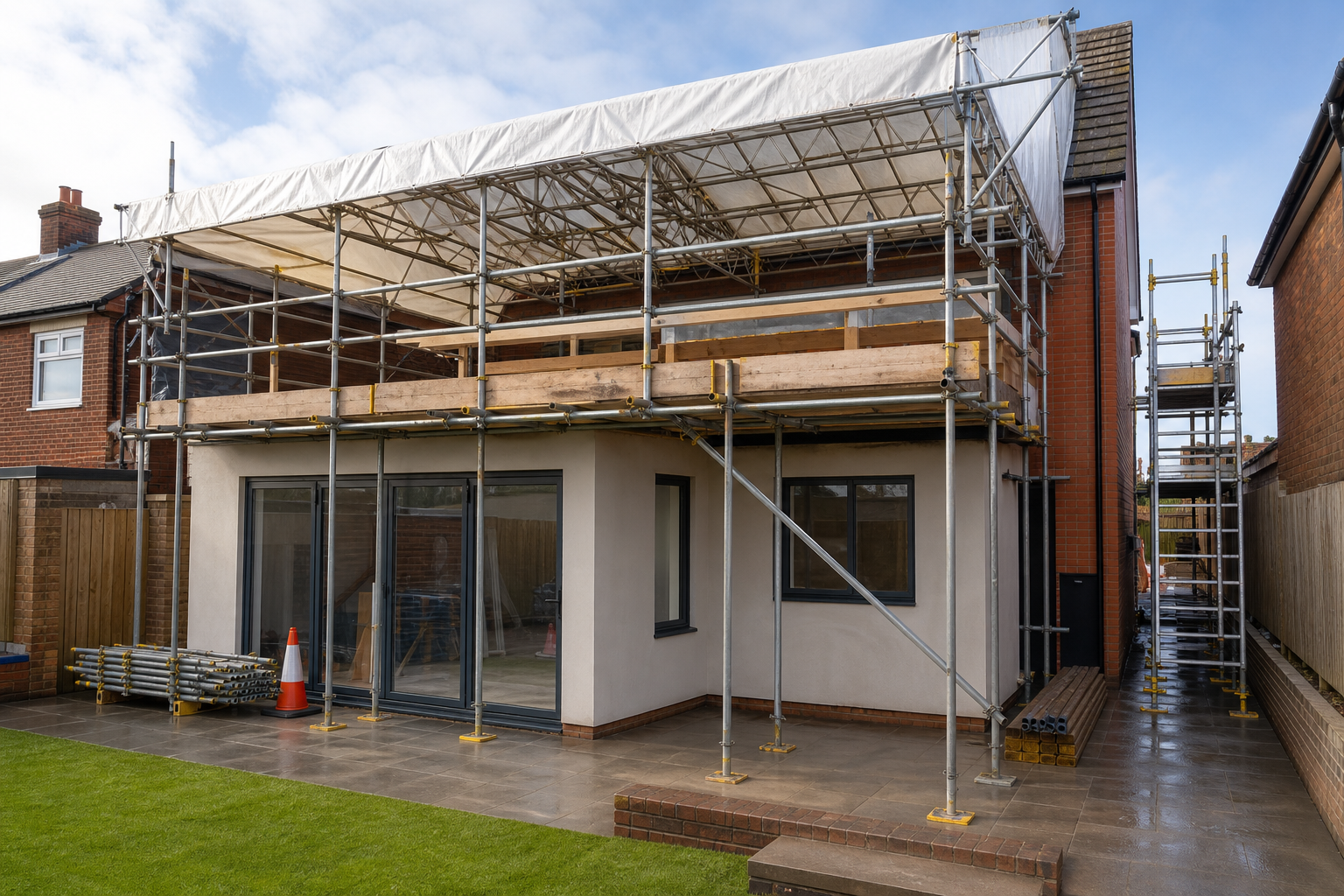 House under renovation with scaffolding and a temporary roof structure.