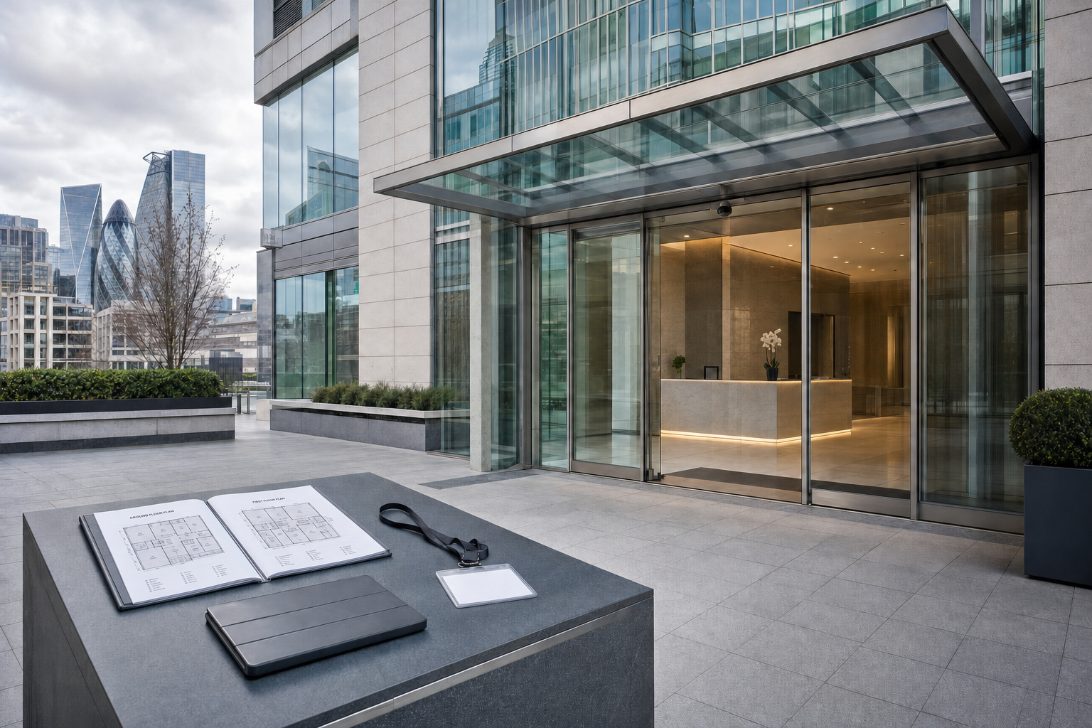 Office building entrance with floor plans and a security badge on a podium, featuring a cityscape in the background.