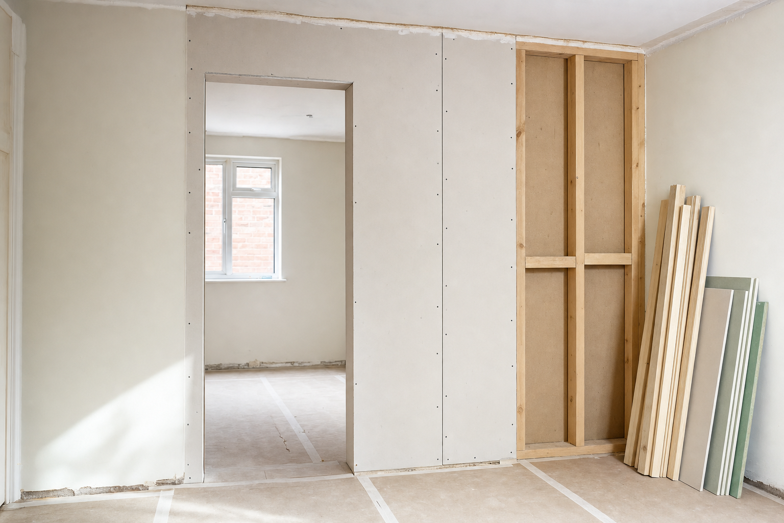 A room under renovation with new plasterboard walls and stacked panels near a doorway.