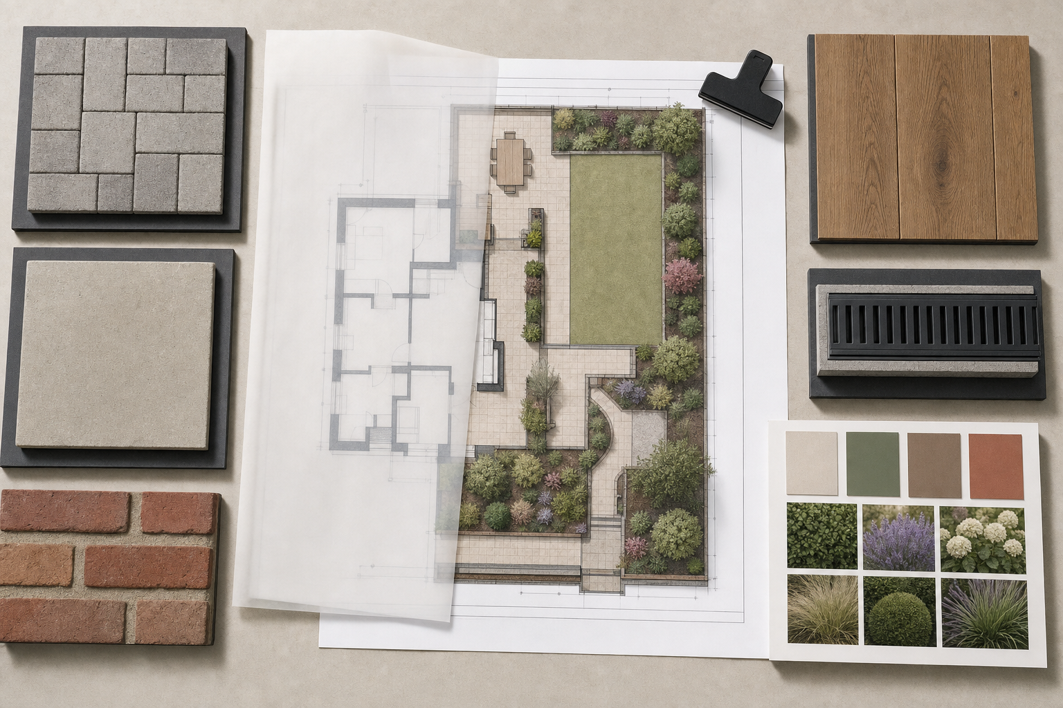 Landscape design with material samples and a garden plan featuring various plants and paving options.