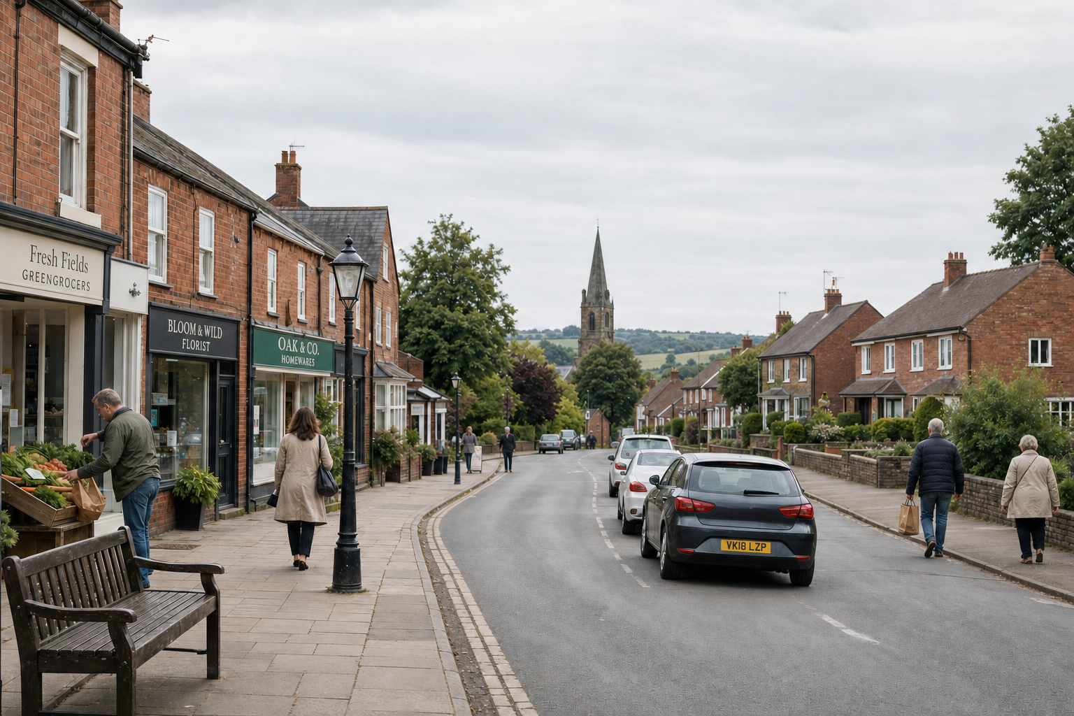 A quiet English village street with shops, parked cars, pedestrians, and a church spire in the background.