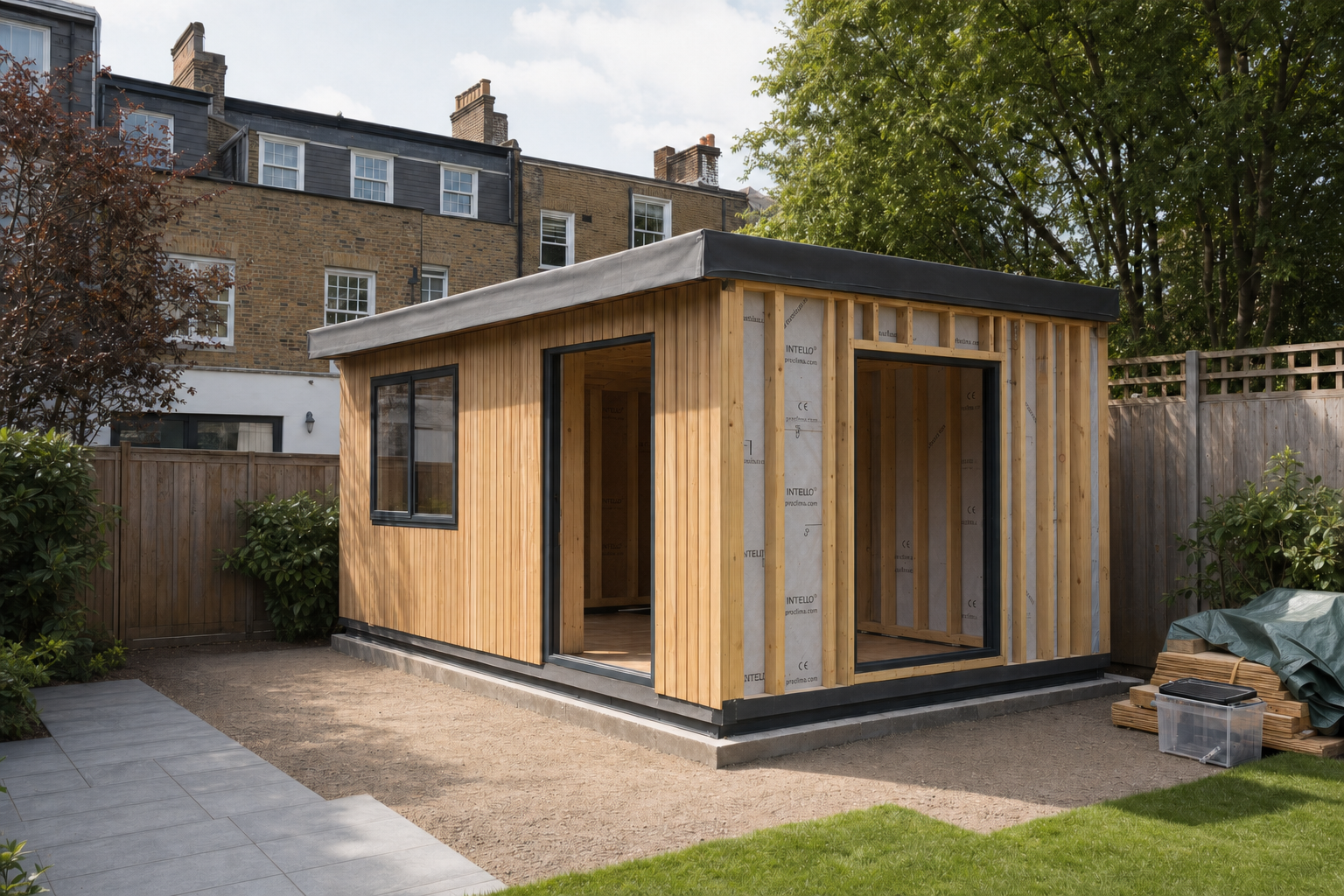 A modern garden room under construction with timber cladding, situated in a residential backyard.