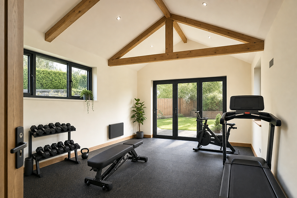 Modern home gym with treadmill, weights, and indoor bike, featuring large windows overlooking a garden.