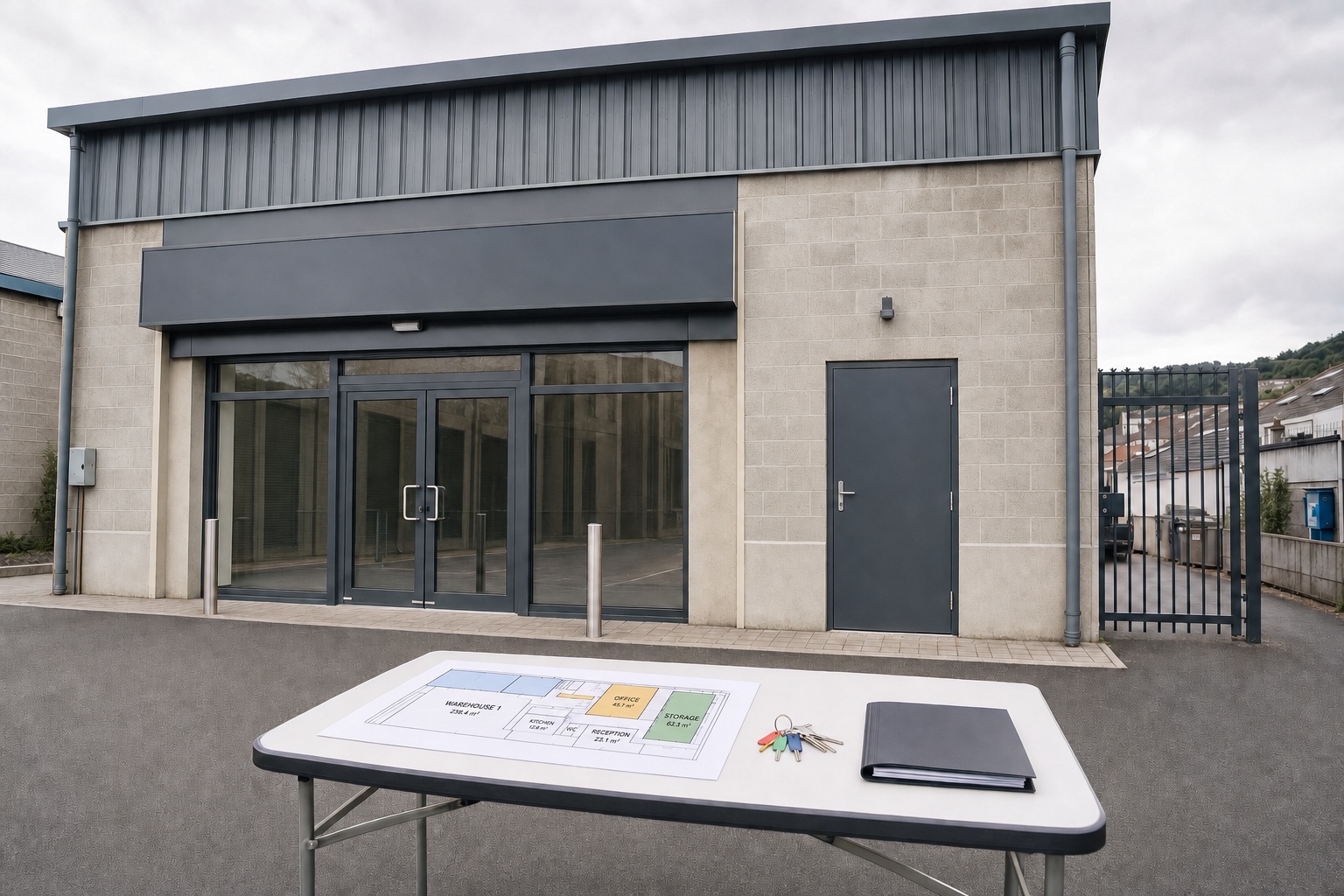 A modern industrial building with a table in the foreground displaying a floor plan, keys, and a folder.