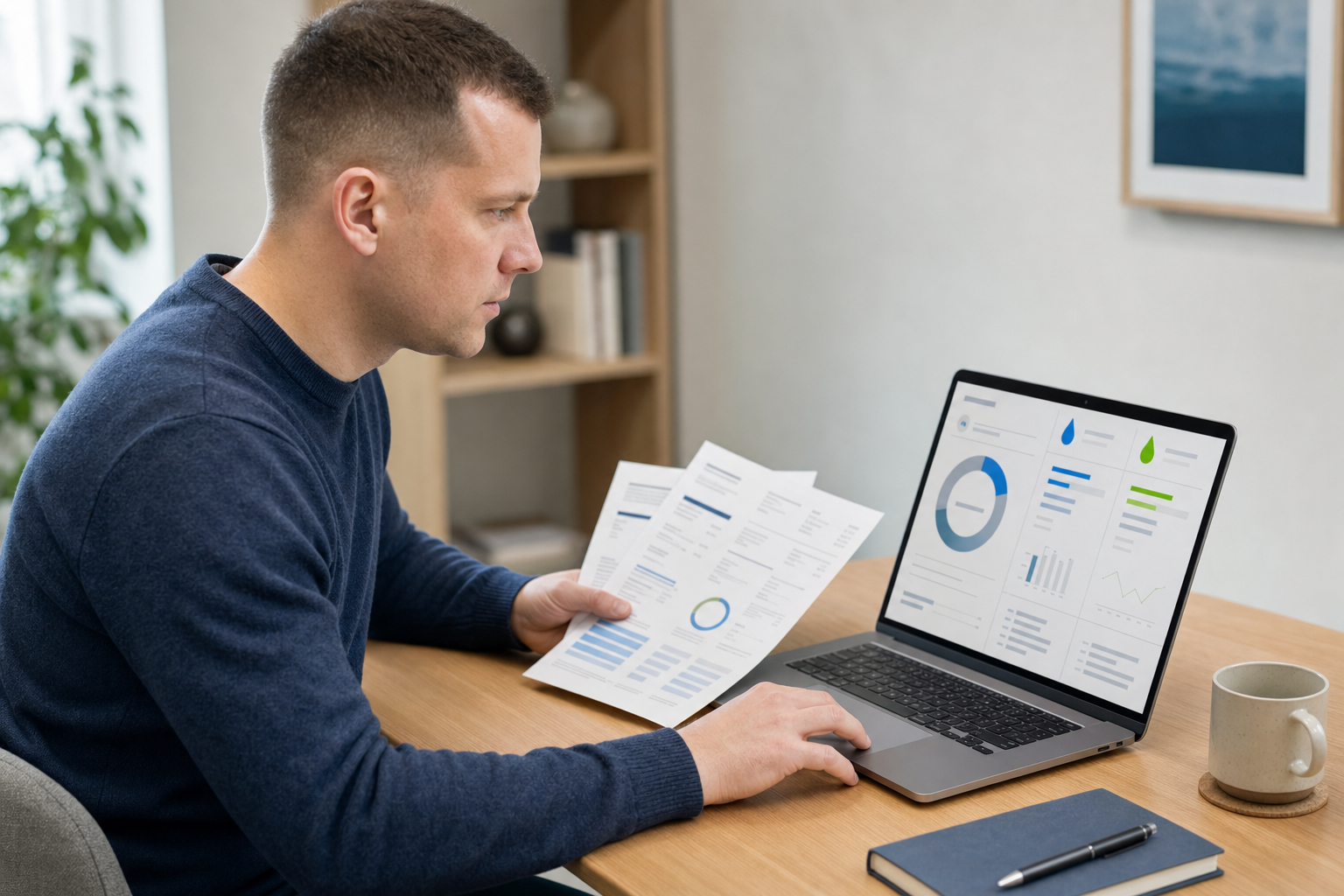 Man examining printed reports and charts on a laptop at a wooden desk.